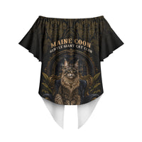 Maine Coon Cat Gentle Giant Off Shoulder Wrap Waist Top Royal Feline Vintage Gold Damask Portrait