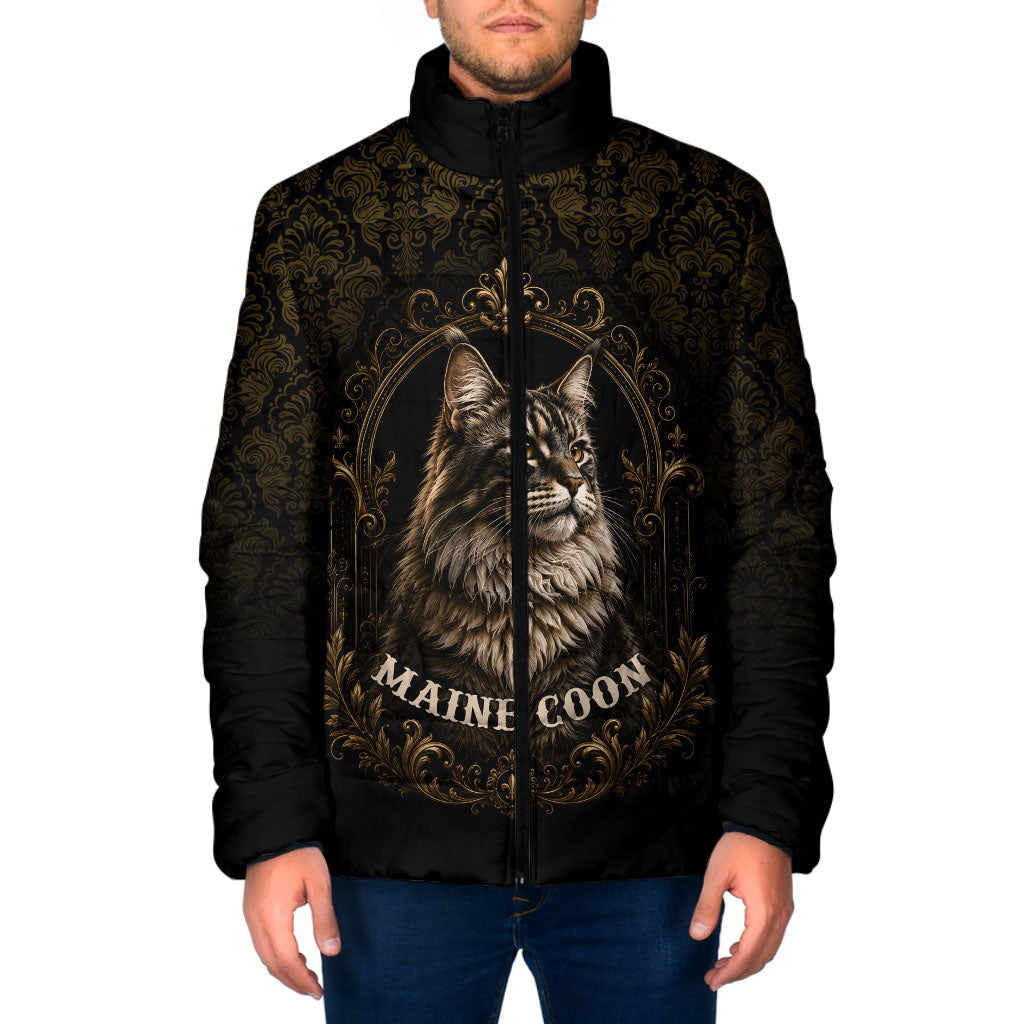 Maine Coon Cat Gentle Giant Padded Jacket Royal Feline Vintage Gold Damask Portrait
