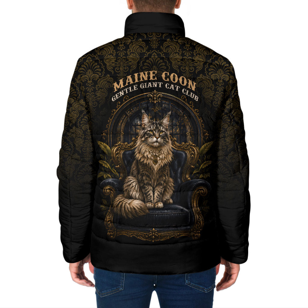 Maine Coon Cat Gentle Giant Padded Jacket Royal Feline Vintage Gold Damask Portrait