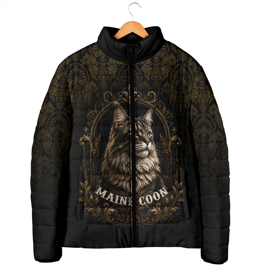 Maine Coon Cat Gentle Giant Padded Jacket Royal Feline Vintage Gold Damask Portrait