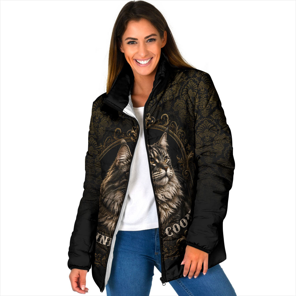 Maine Coon Cat Gentle Giant Padded Jacket Royal Feline Vintage Gold Damask Portrait