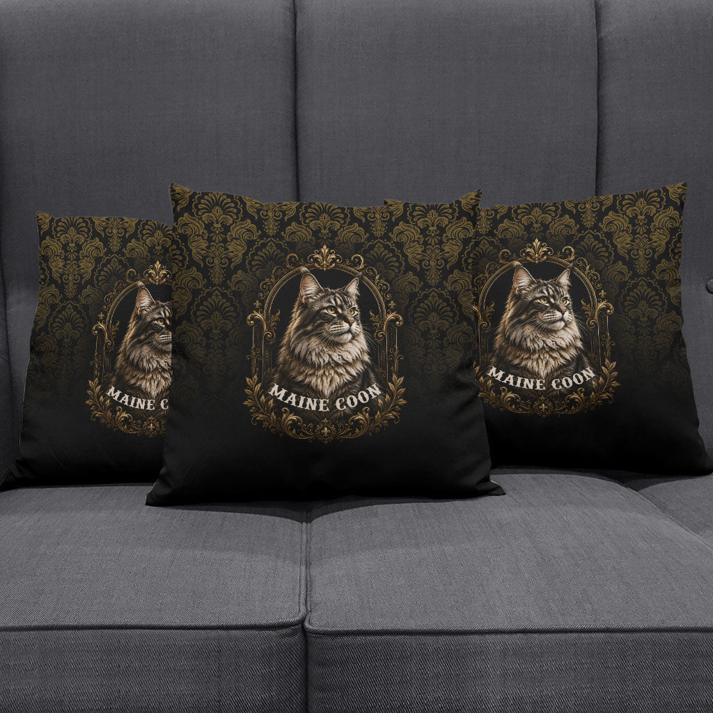 Maine Coon Cat Gentle Giant Pillow Cover Royal Feline Vintage Gold Damask Portrait