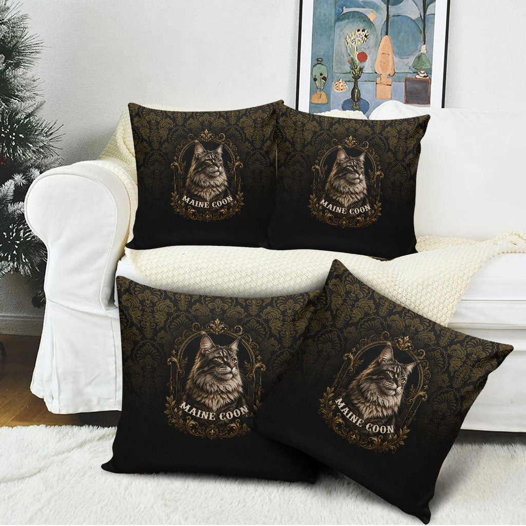 Maine Coon Cat Gentle Giant Pillow Cover Royal Feline Vintage Gold Damask Portrait