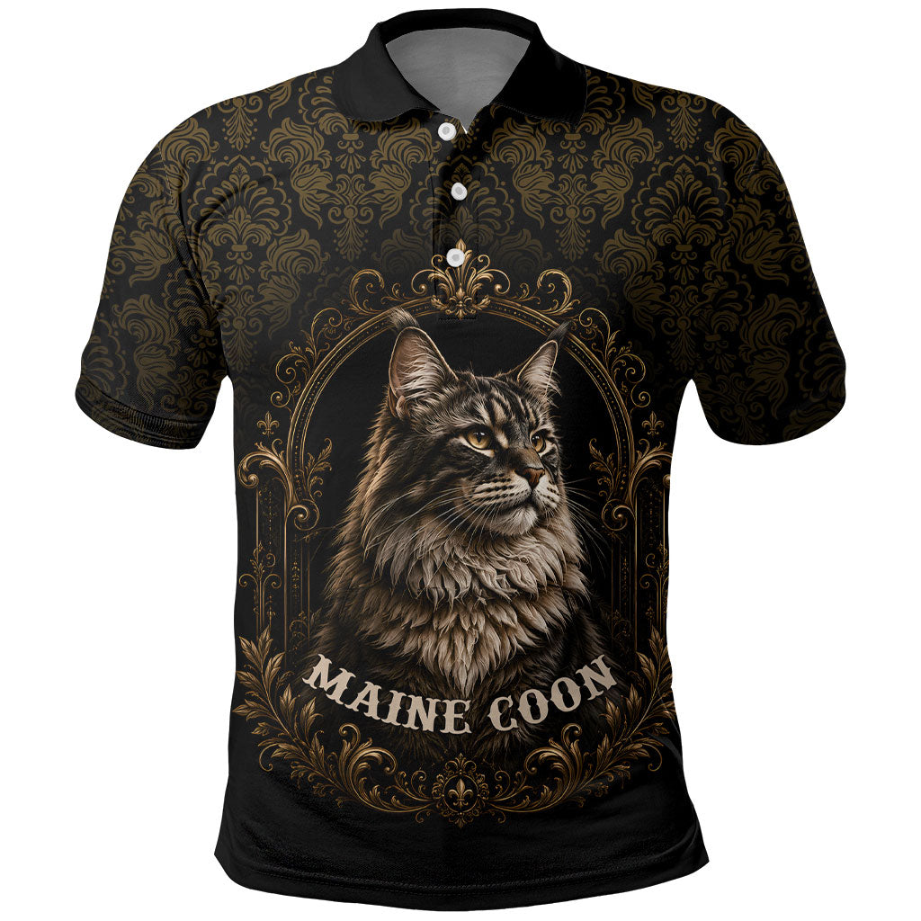 Maine Coon Cat Gentle Giant Polo Shirt Royal Feline Vintage Gold Damask Portrait