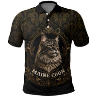 Maine Coon Cat Gentle Giant Polo Shirt Royal Feline Vintage Gold Damask Portrait