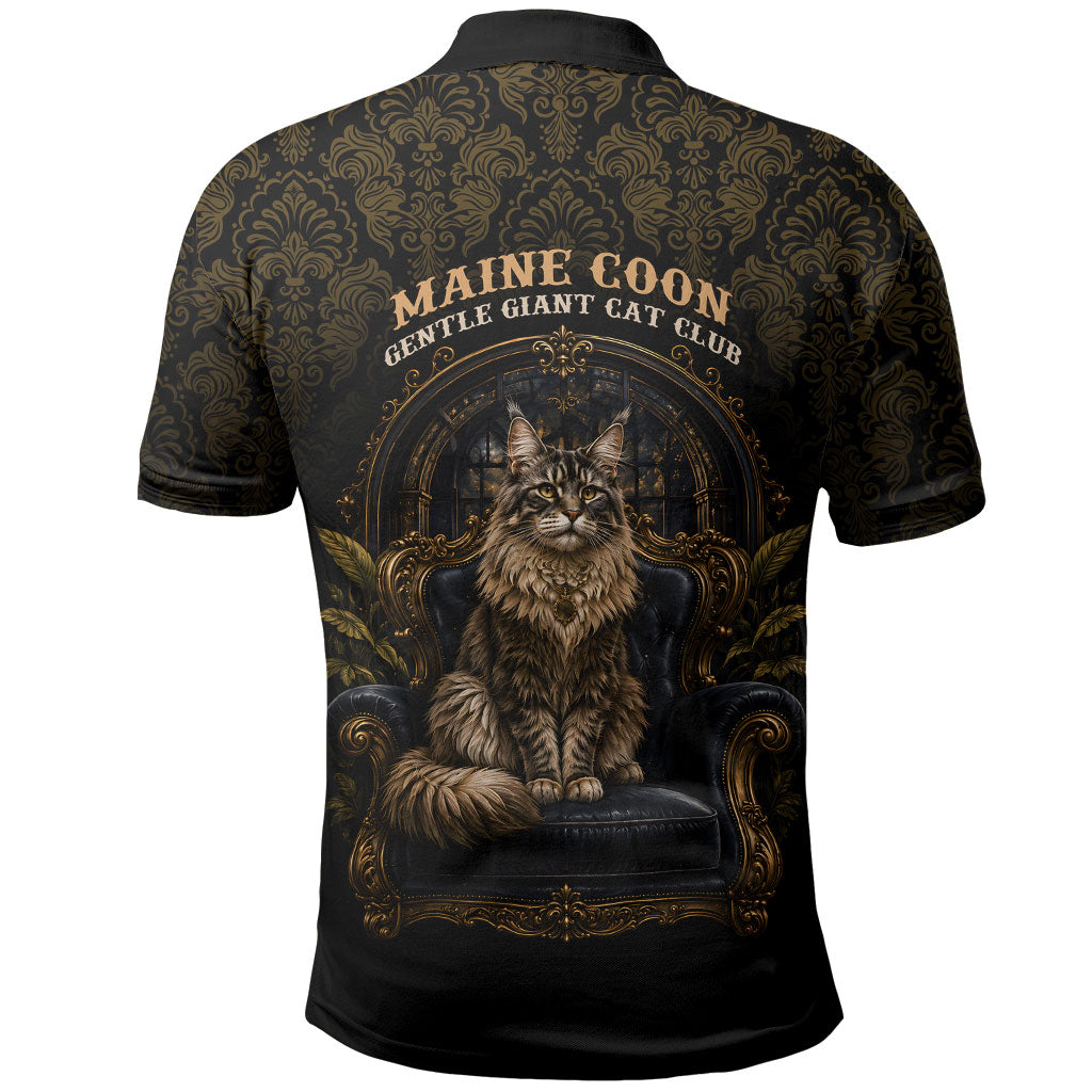 Maine Coon Cat Gentle Giant Polo Shirt Royal Feline Vintage Gold Damask Portrait