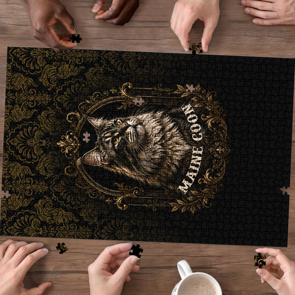 Maine Coon Cat Gentle Giant Puzzle Royal Feline Vintage Gold Damask Portrait