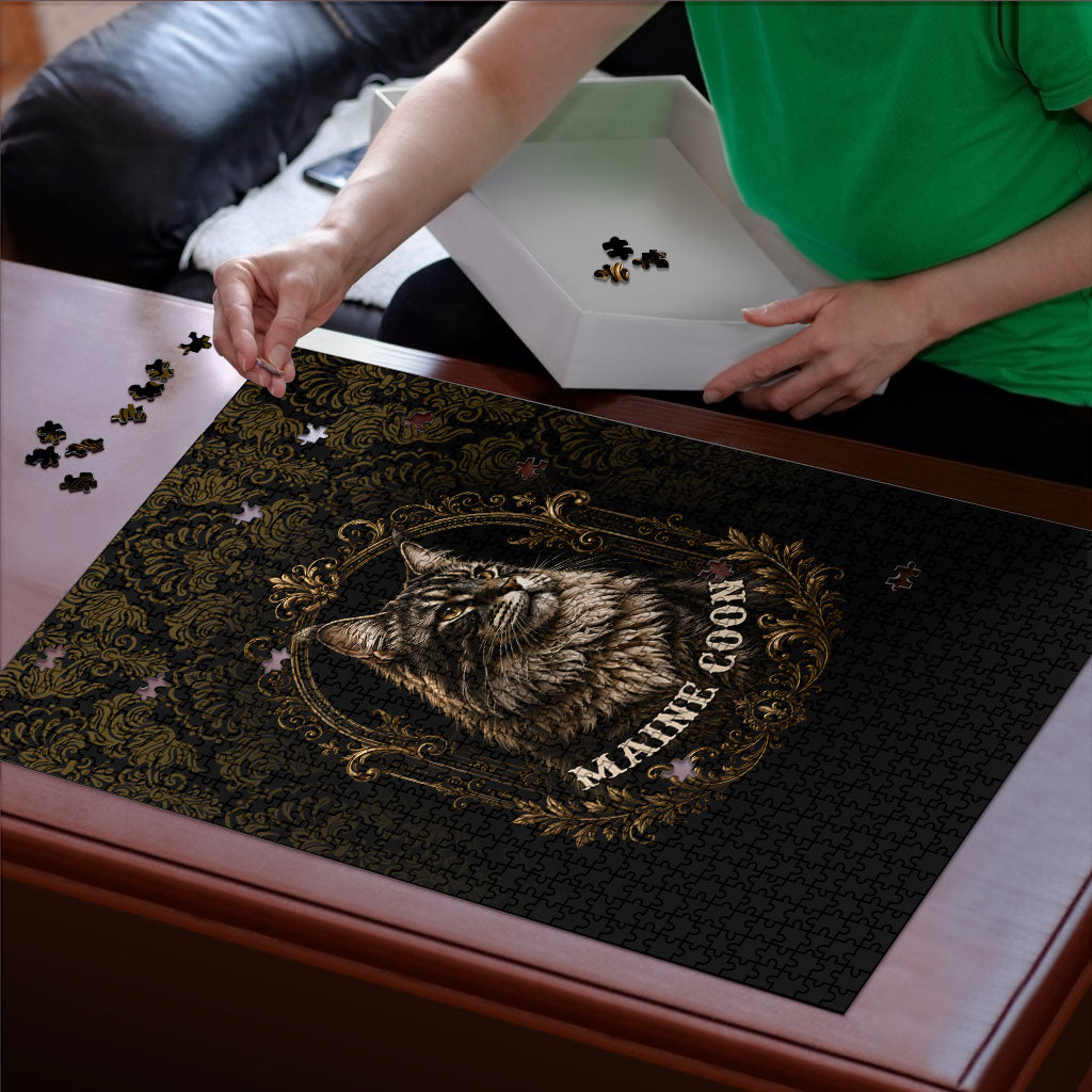 Maine Coon Cat Gentle Giant Puzzle Royal Feline Vintage Gold Damask Portrait