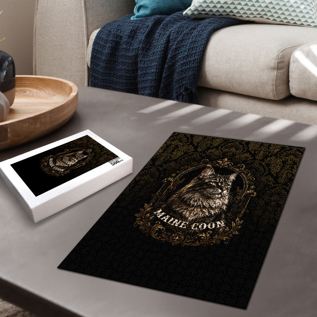 Maine Coon Cat Gentle Giant Puzzle Royal Feline Vintage Gold Damask Portrait