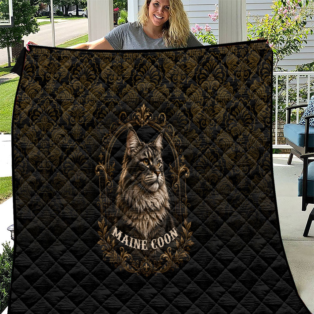 Maine Coon Cat Gentle Giant Quilt Royal Feline Vintage Gold Damask Portrait