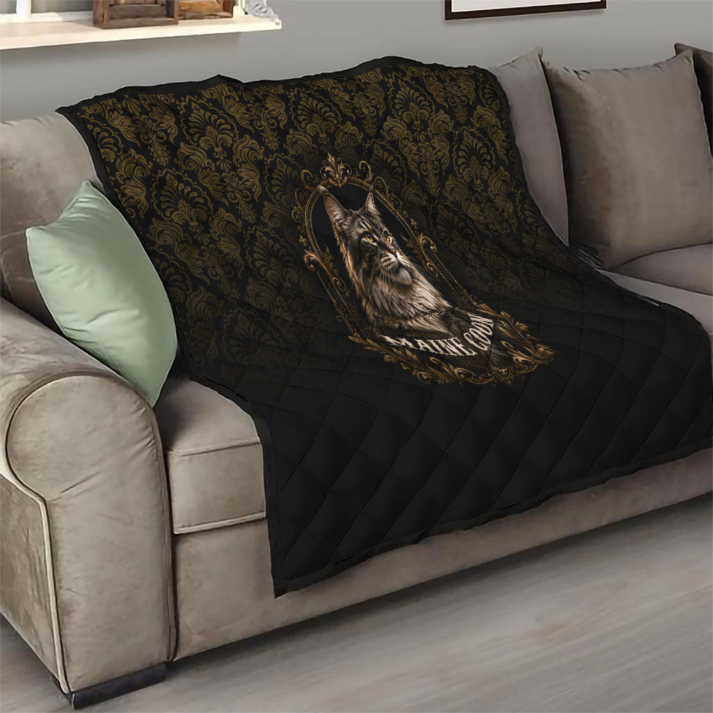 Maine Coon Cat Gentle Giant Quilt Royal Feline Vintage Gold Damask Portrait