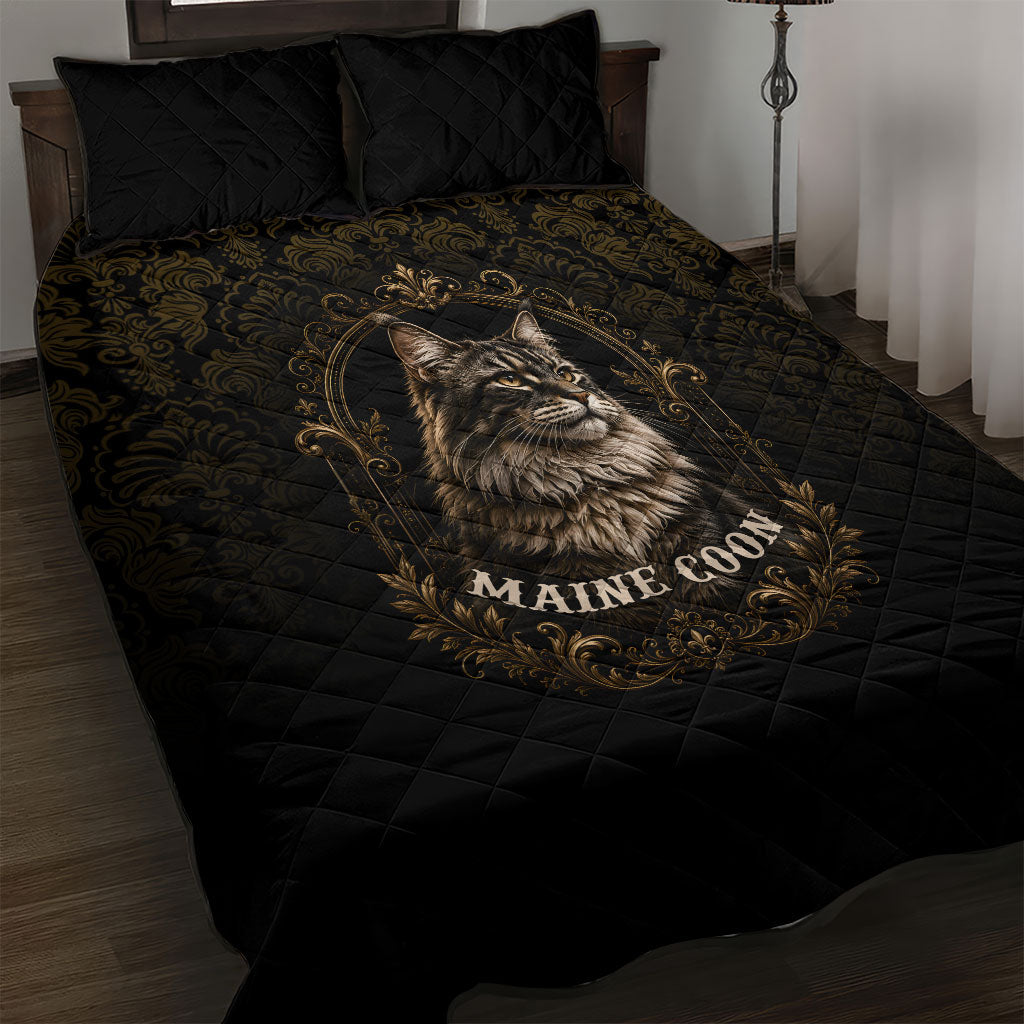 Maine Coon Cat Gentle Giant Quilt Bed Set Royal Feline Vintage Gold Damask Portrait