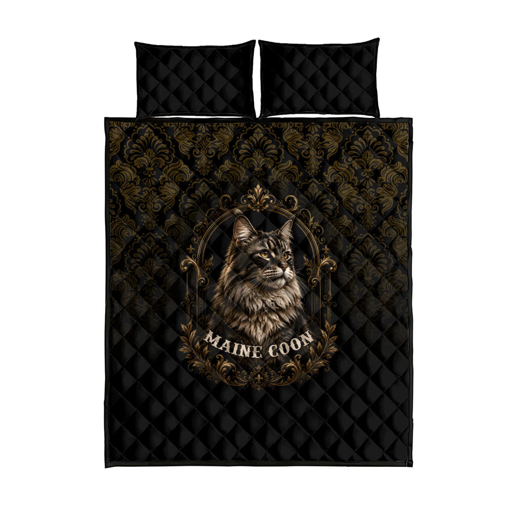 Maine Coon Cat Gentle Giant Quilt Bed Set Royal Feline Vintage Gold Damask Portrait
