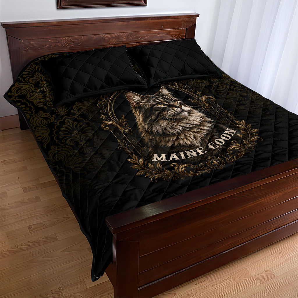 Maine Coon Cat Gentle Giant Quilt Bed Set Royal Feline Vintage Gold Damask Portrait