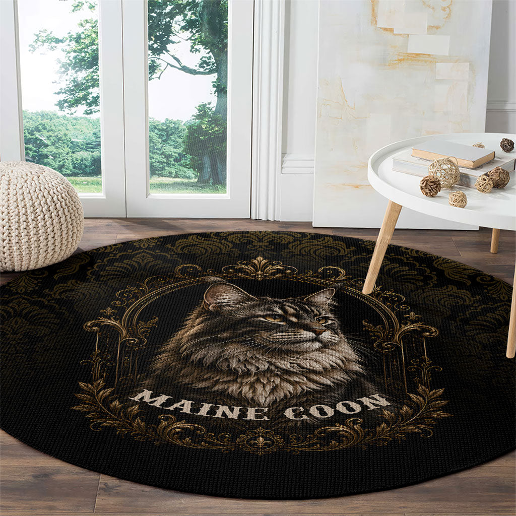 Maine Coon Cat Gentle Giant Round Carpet Royal Feline Vintage Gold Damask Portrait