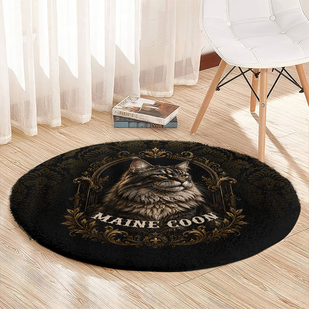 Maine Coon Cat Gentle Giant Round Carpet Royal Feline Vintage Gold Damask Portrait