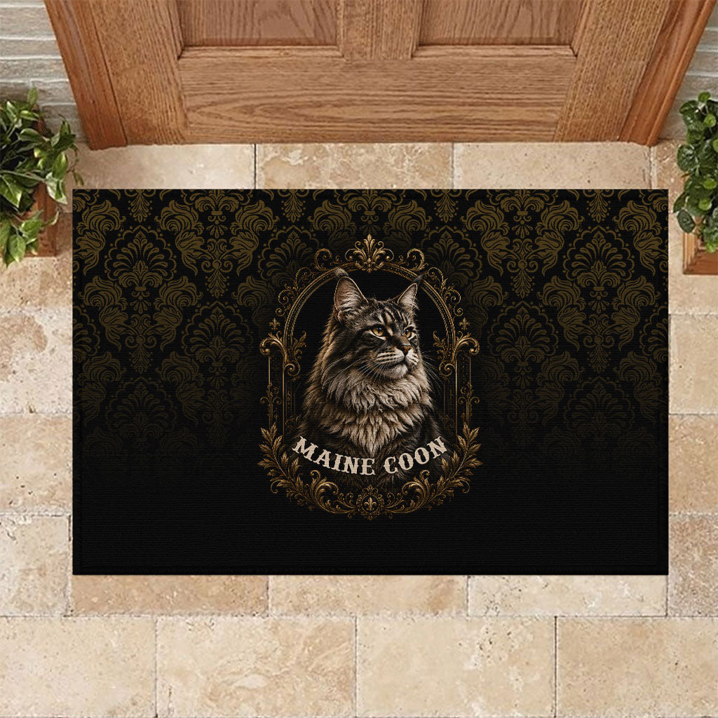 Maine Coon Cat Gentle Giant Rubber Doormat Royal Feline Vintage Gold Damask Portrait