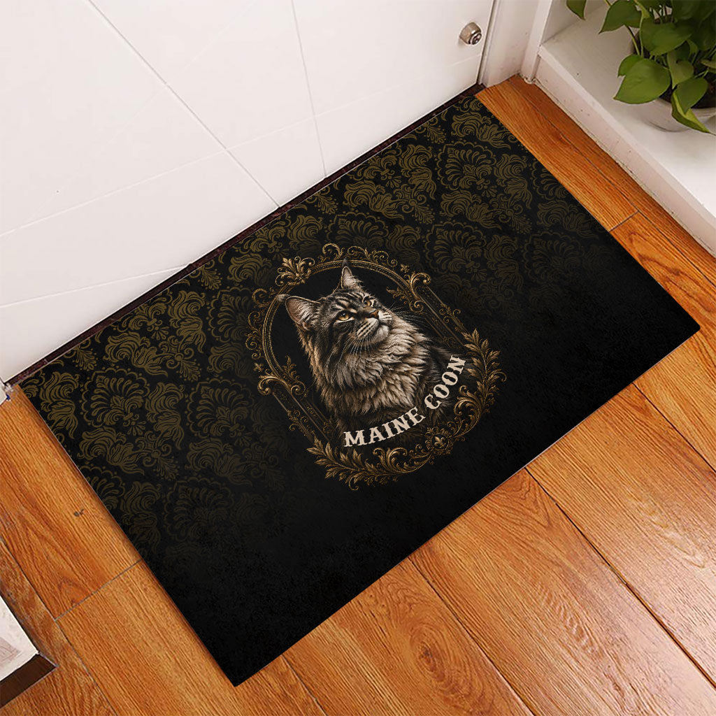 Maine Coon Cat Gentle Giant Rubber Doormat Royal Feline Vintage Gold Damask Portrait