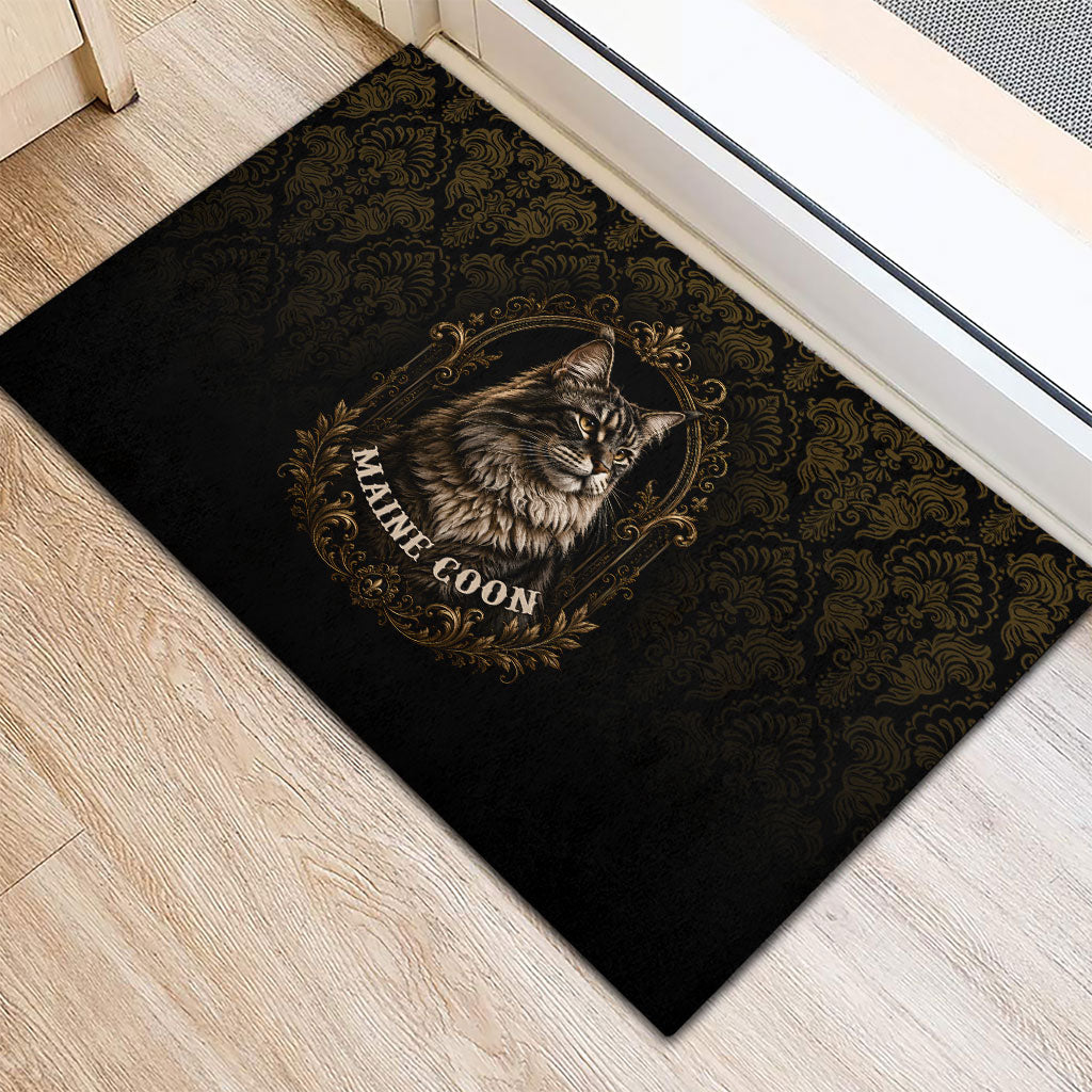 Maine Coon Cat Gentle Giant Rubber Doormat Royal Feline Vintage Gold Damask Portrait