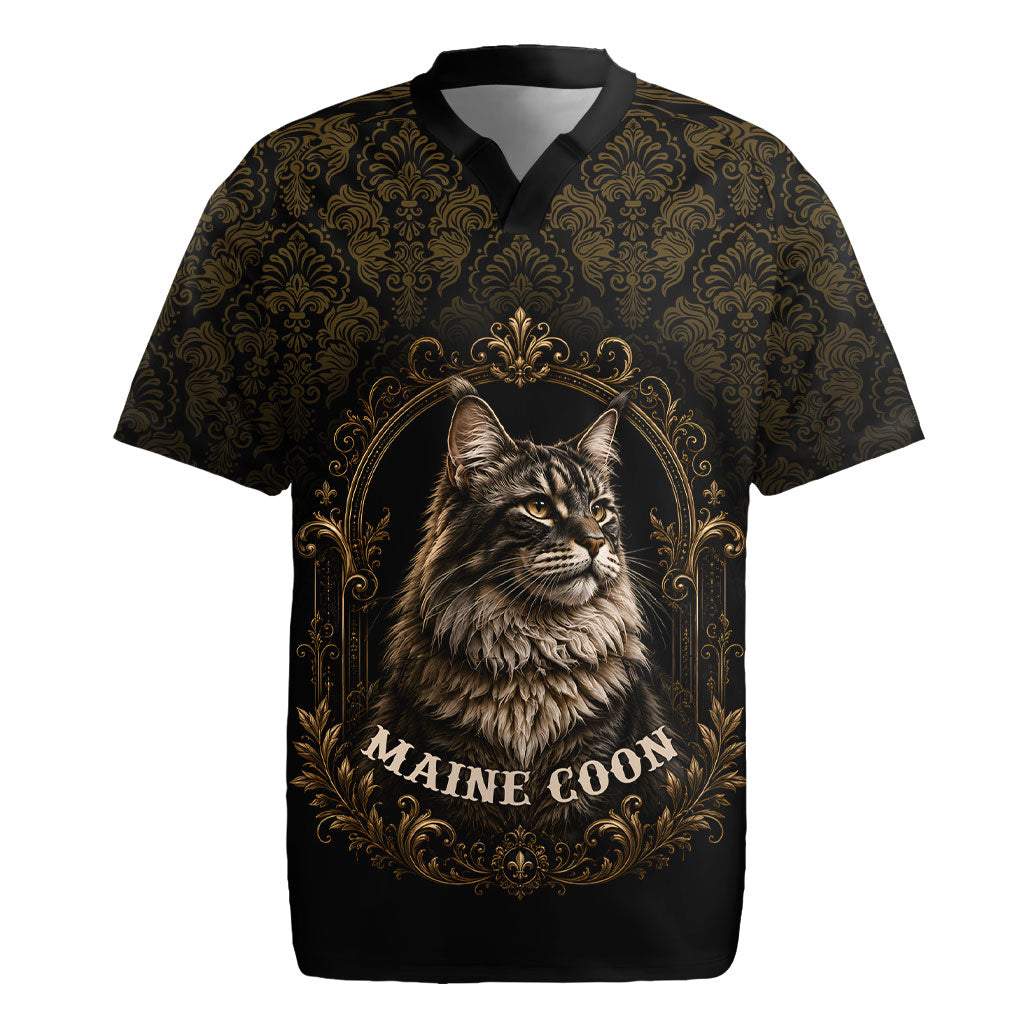 Maine Coon Cat Gentle Giant Rugby Jersey Royal Feline Vintage Gold Damask Portrait