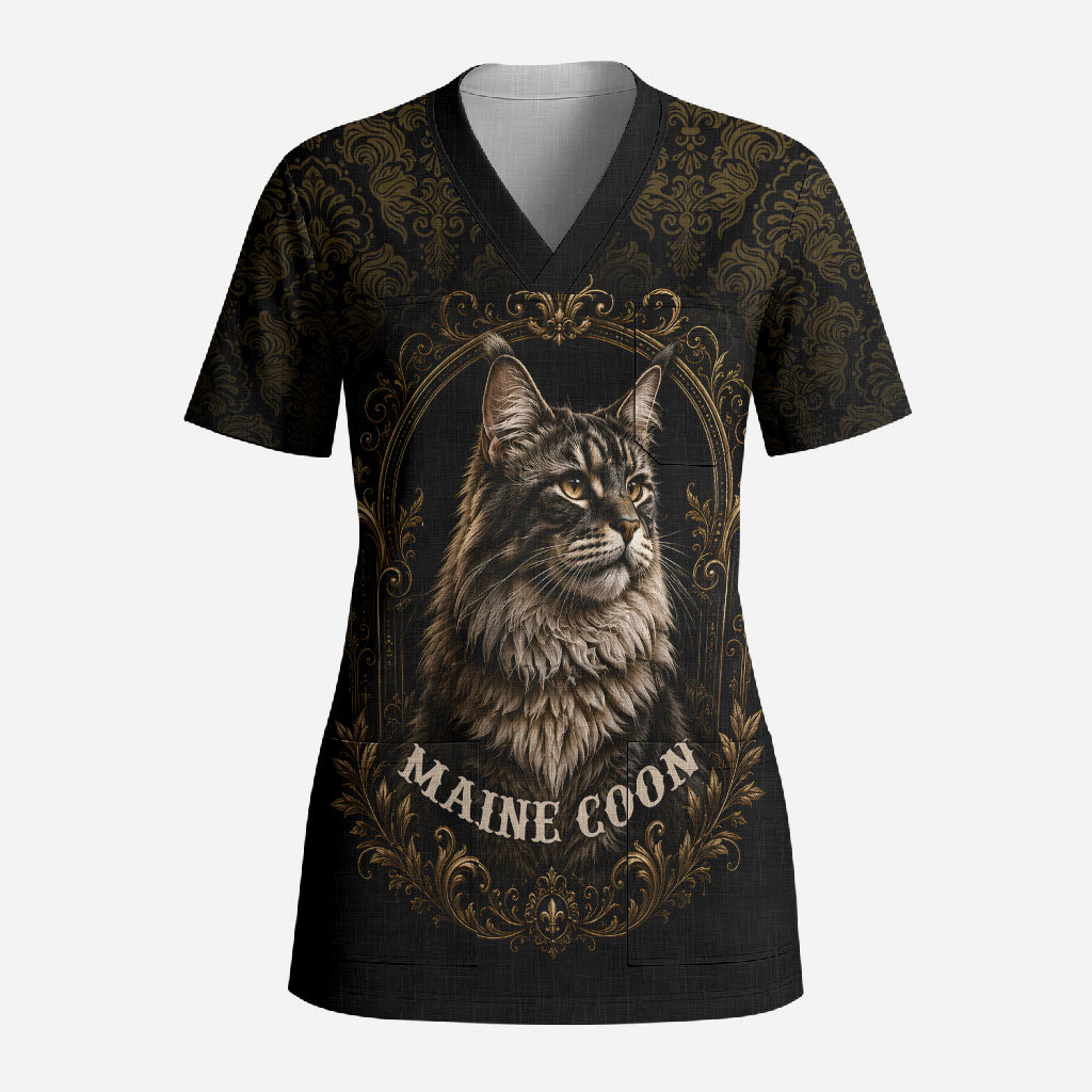 Maine Coon Cat Gentle Giant Scrub Top Royal Feline Vintage Gold Damask Portrait