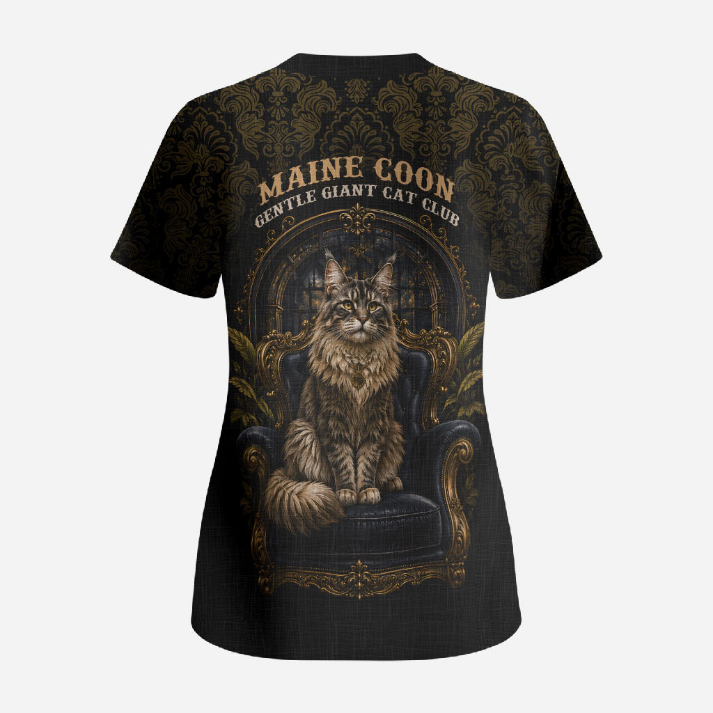 Maine Coon Cat Gentle Giant Scrub Top Royal Feline Vintage Gold Damask Portrait