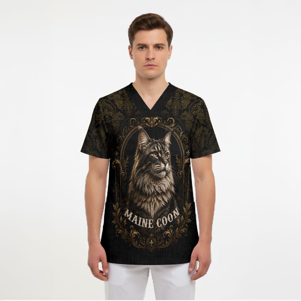 Maine Coon Cat Gentle Giant Scrub Top Royal Feline Vintage Gold Damask Portrait
