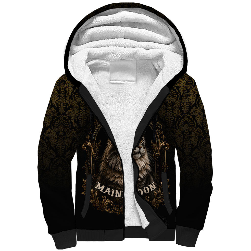 Maine Coon Cat Gentle Giant Sherpa Hoodie Royal Feline Vintage Gold Damask Portrait