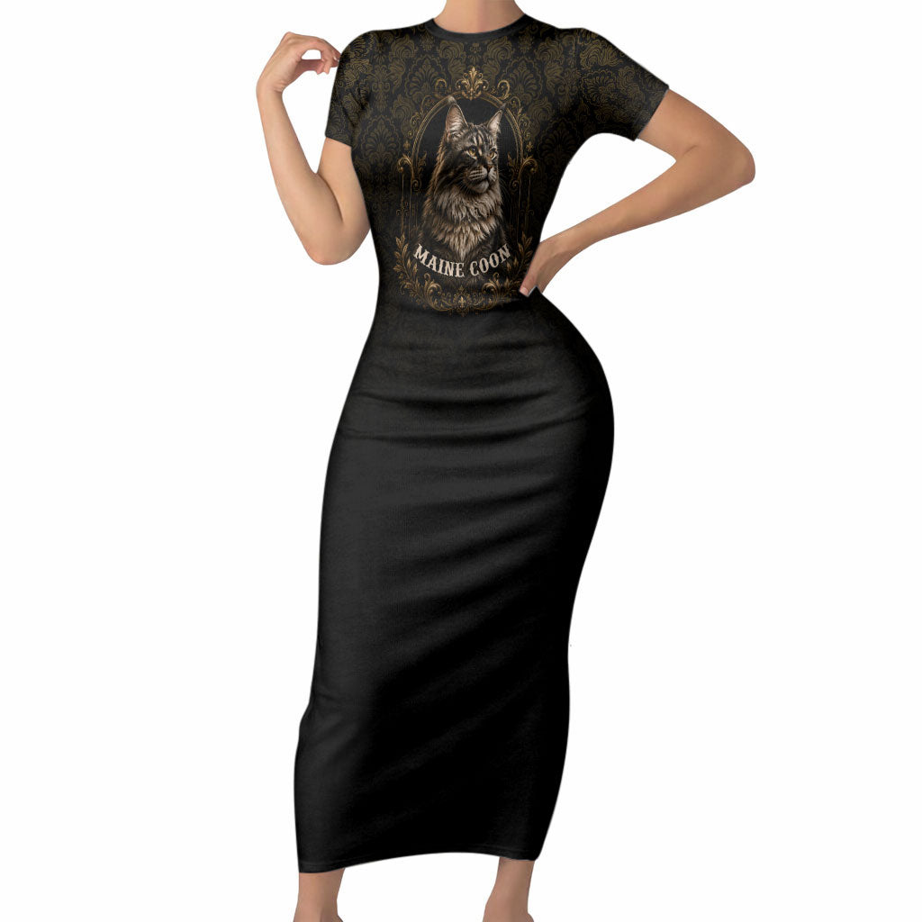 Maine Coon Cat Gentle Giant Short Sleeve Bodycon Dress Royal Feline Vintage Gold Damask Portrait