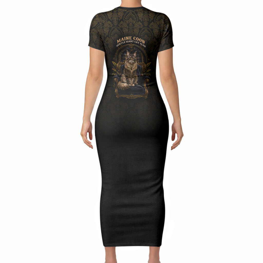 Maine Coon Cat Gentle Giant Short Sleeve Bodycon Dress Royal Feline Vintage Gold Damask Portrait