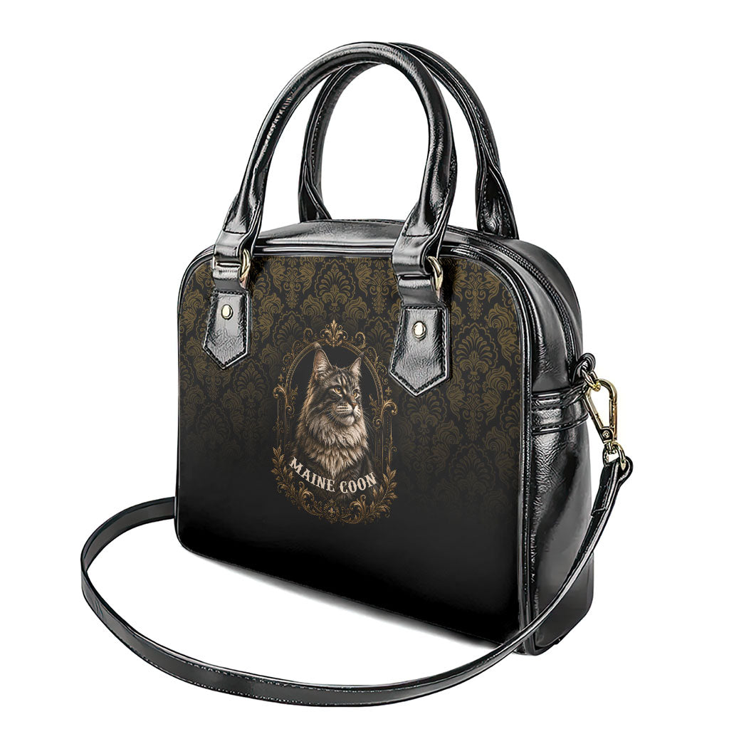 Maine Coon Cat Gentle Giant Shoulder Handbag Royal Feline Vintage Gold Damask Portrait