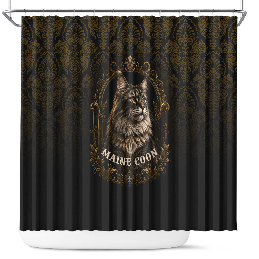 Maine Coon Cat Gentle Giant Shower Curtain Royal Feline Vintage Gold Damask Portrait