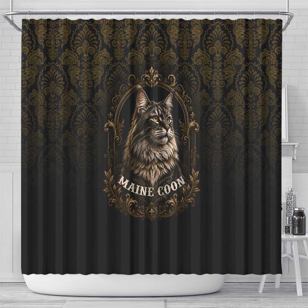 Maine Coon Cat Gentle Giant Shower Curtain Royal Feline Vintage Gold Damask Portrait