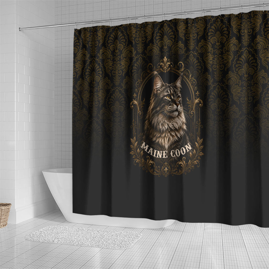 Maine Coon Cat Gentle Giant Shower Curtain Royal Feline Vintage Gold Damask Portrait
