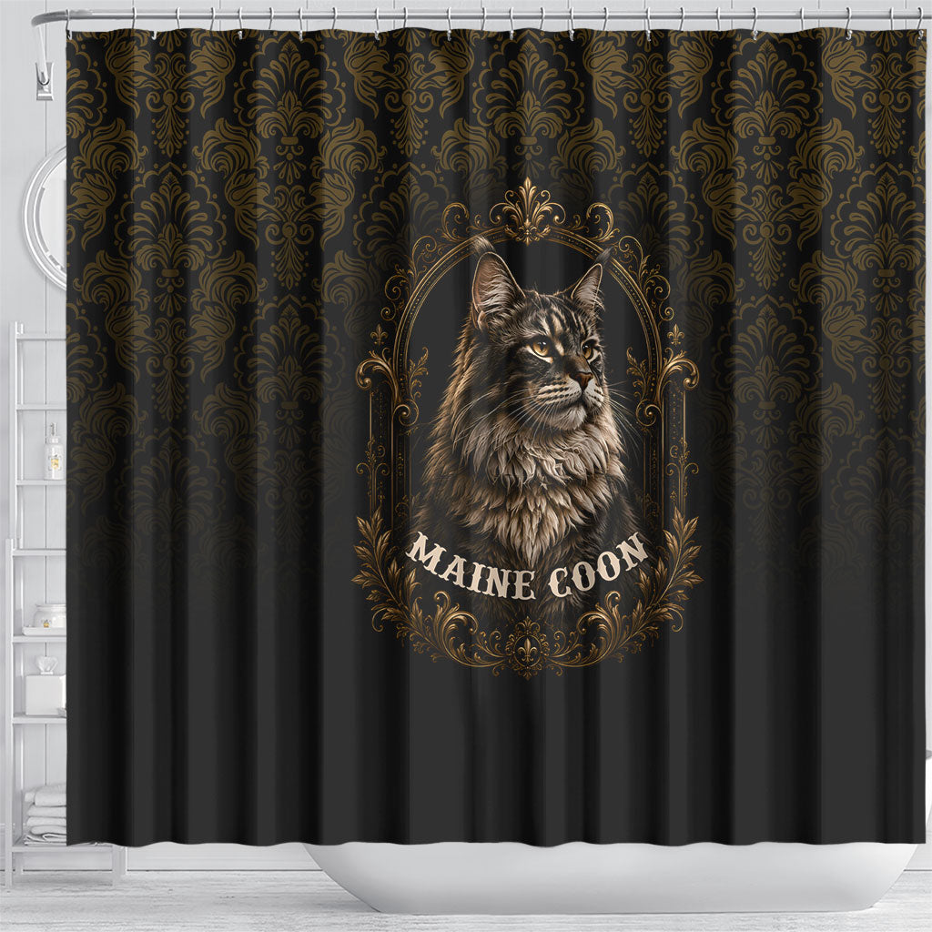 Maine Coon Cat Gentle Giant Shower Curtain Royal Feline Vintage Gold Damask Portrait