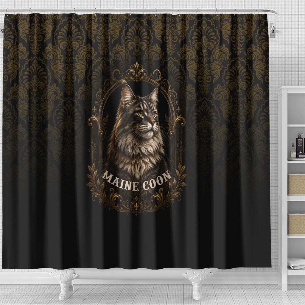Maine Coon Cat Gentle Giant Shower Curtain Royal Feline Vintage Gold Damask Portrait