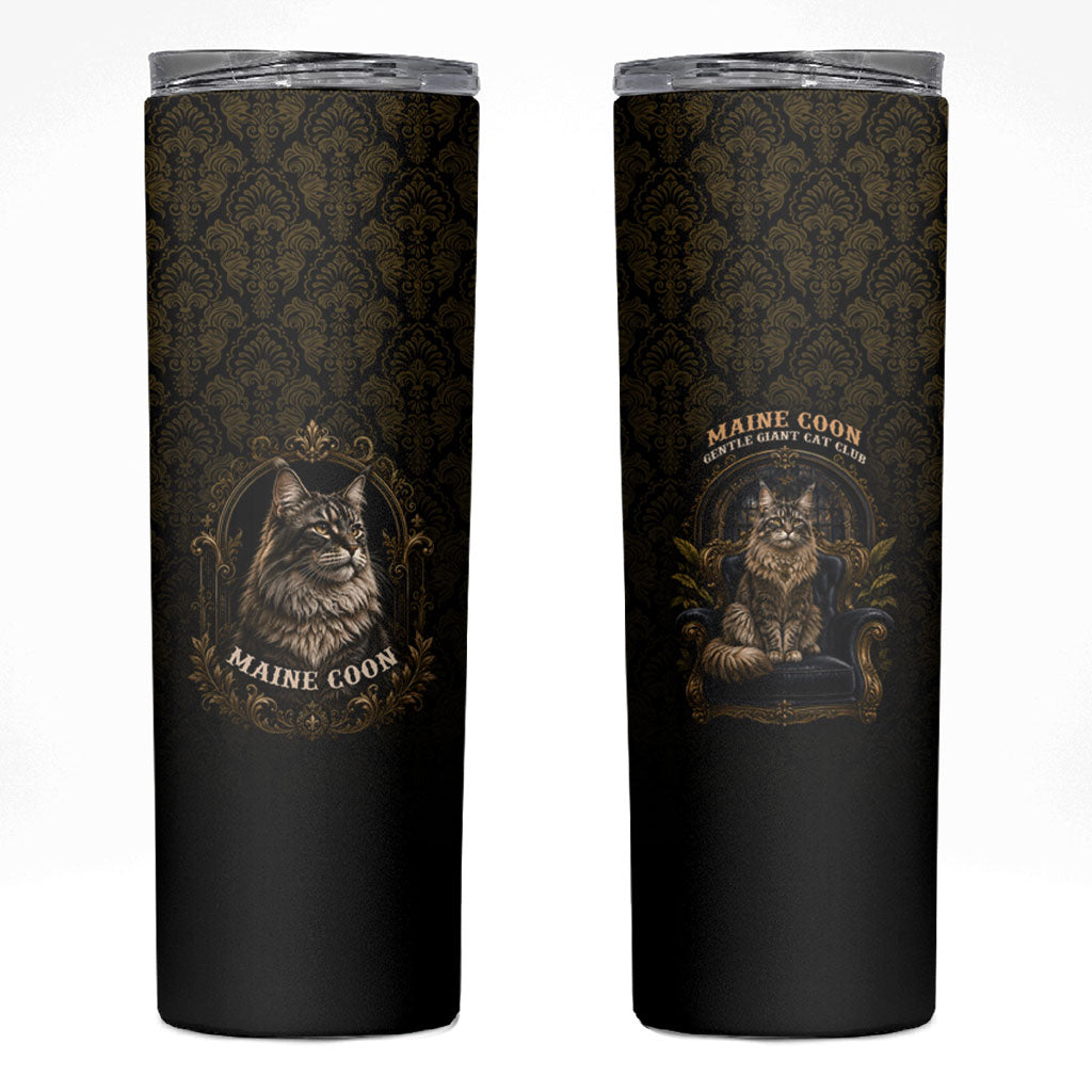 Maine Coon Cat Gentle Giant Skinny Tumbler Royal Feline Vintage Gold Damask Portrait