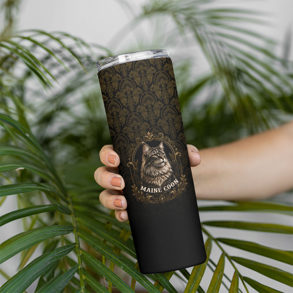 Maine Coon Cat Gentle Giant Skinny Tumbler Royal Feline Vintage Gold Damask Portrait