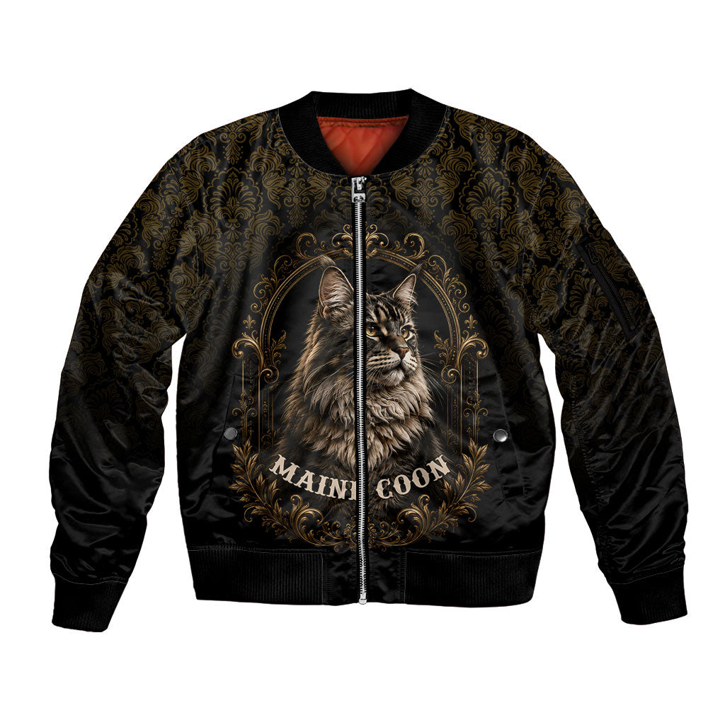 Maine Coon Cat Gentle Giant Sleeve Zip Bomber Jacket Royal Feline Vintage Gold Damask Portrait