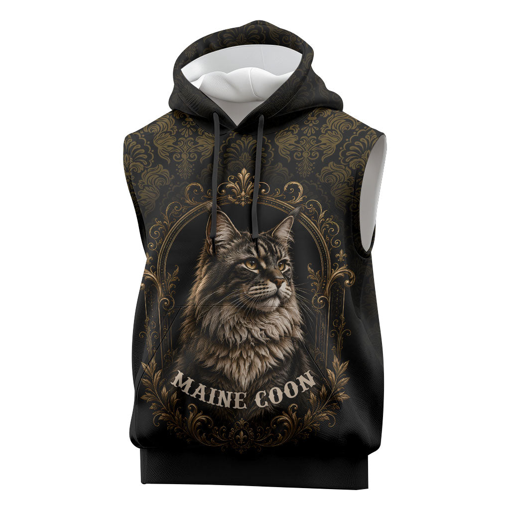 Maine Coon Cat Gentle Giant Sleeveless Hoodie Royal Feline Vintage Gold Damask Portrait