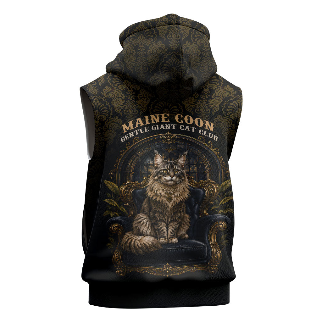 Maine Coon Cat Gentle Giant Sleeveless Hoodie Royal Feline Vintage Gold Damask Portrait