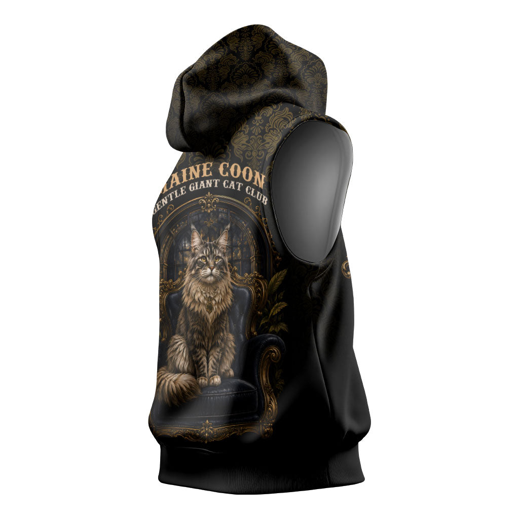 Maine Coon Cat Gentle Giant Sleeveless Hoodie Royal Feline Vintage Gold Damask Portrait
