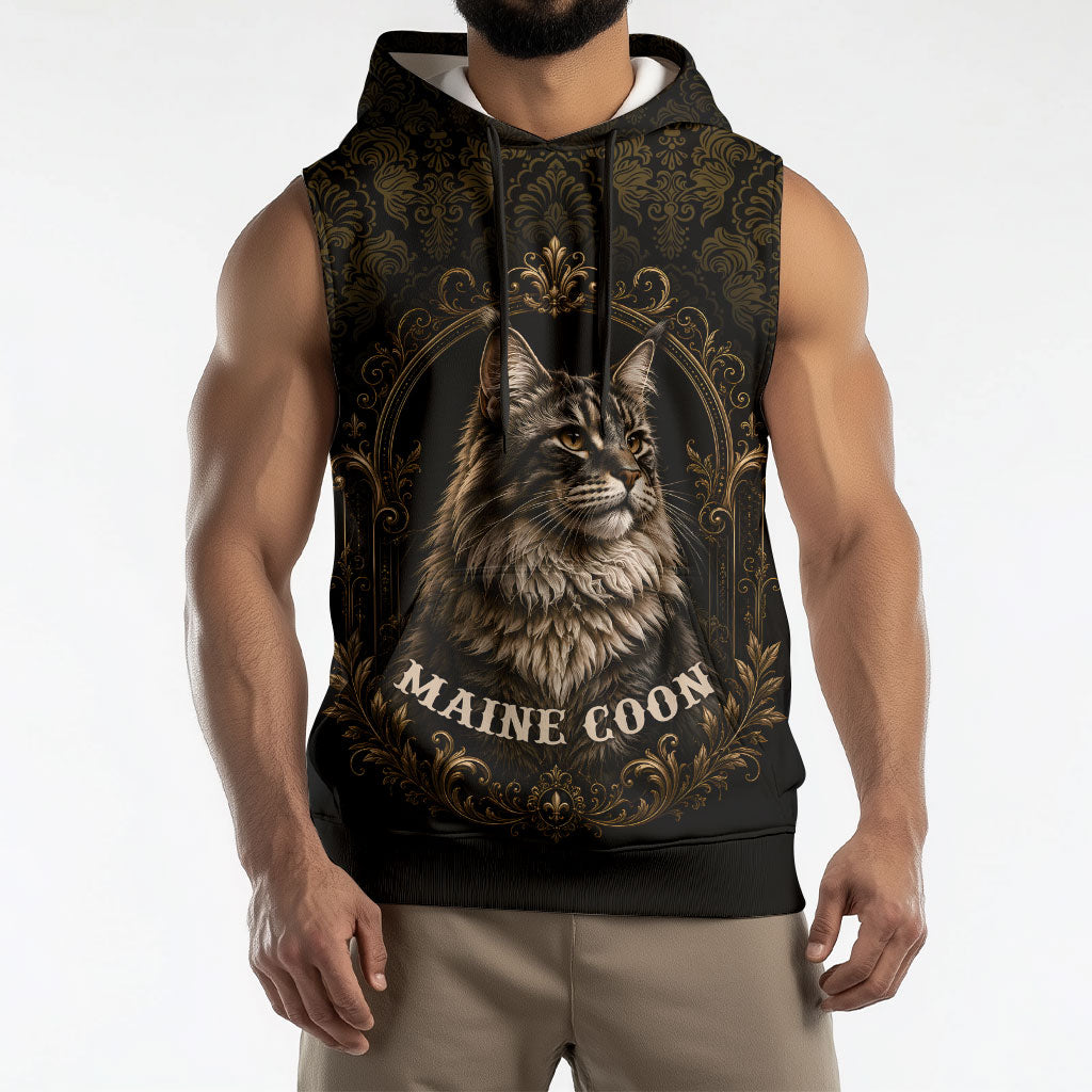 Maine Coon Cat Gentle Giant Sleeveless Hoodie Royal Feline Vintage Gold Damask Portrait