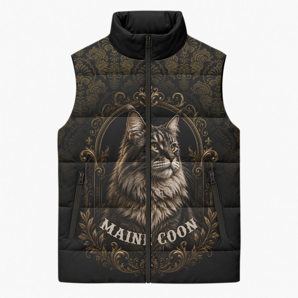 Maine Coon Cat Gentle Giant Sleeveless Puffer Jacket Royal Feline Vintage Gold Damask Portrait