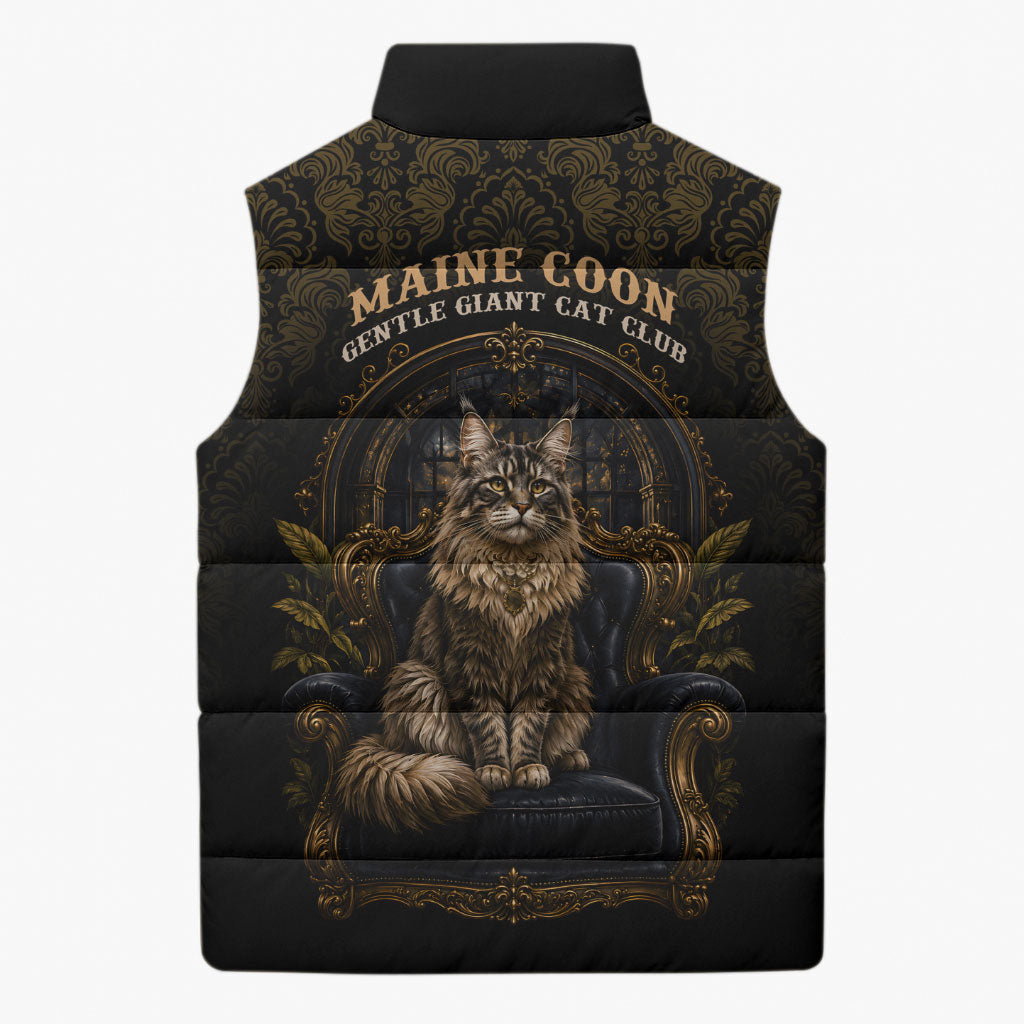 Maine Coon Cat Gentle Giant Sleeveless Puffer Jacket Royal Feline Vintage Gold Damask Portrait