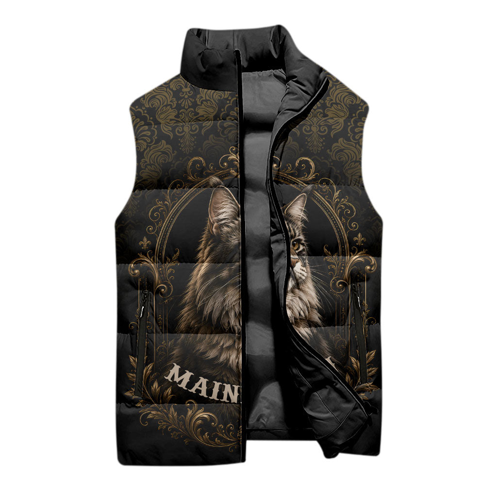Maine Coon Cat Gentle Giant Sleeveless Puffer Jacket Royal Feline Vintage Gold Damask Portrait