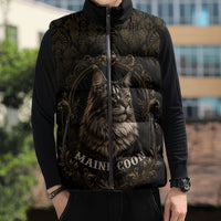 Maine Coon Cat Gentle Giant Sleeveless Puffer Jacket Royal Feline Vintage Gold Damask Portrait