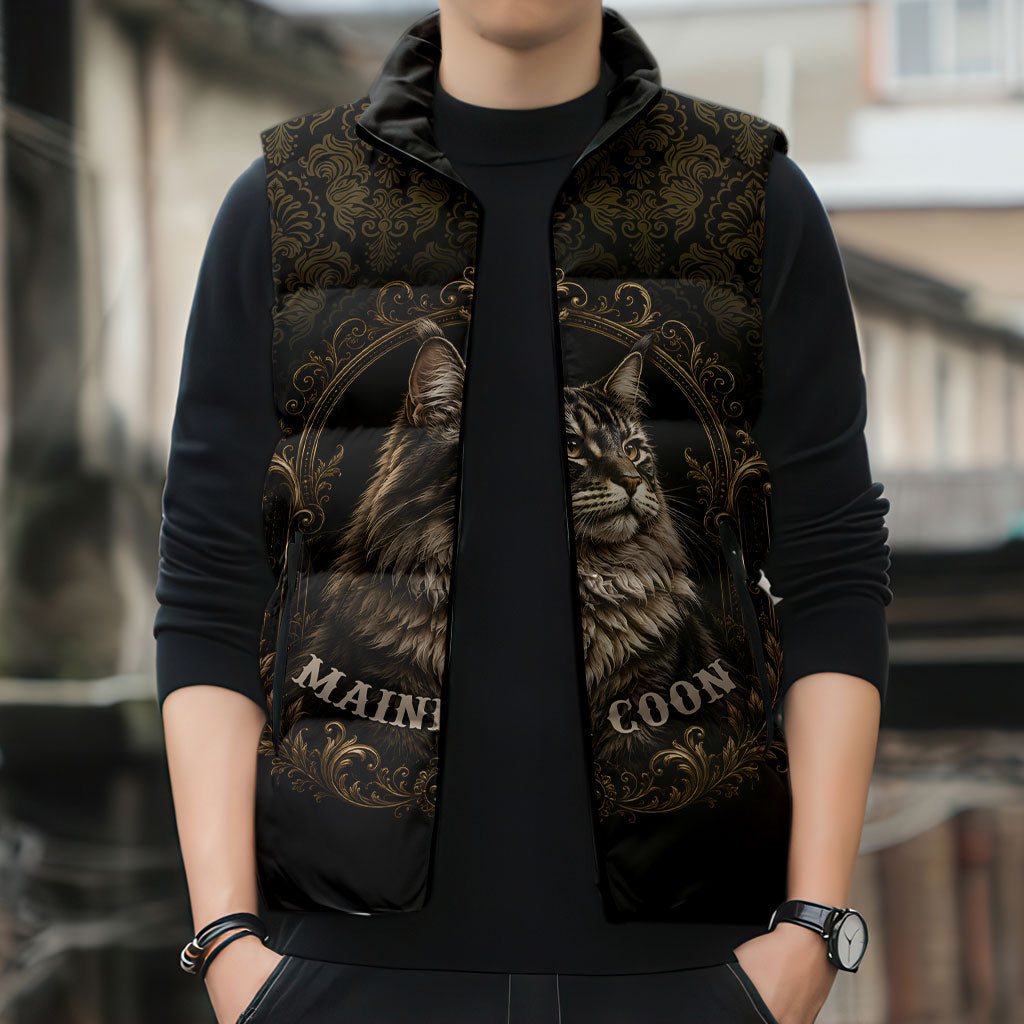 Maine Coon Cat Gentle Giant Sleeveless Puffer Jacket Royal Feline Vintage Gold Damask Portrait