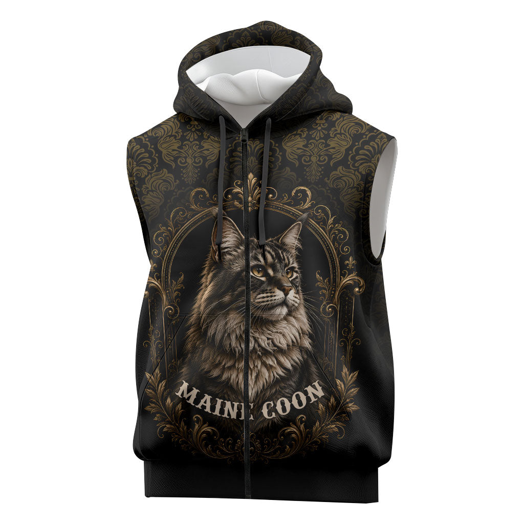 Maine Coon Cat Gentle Giant Sleeveless Zip Hoodie Royal Feline Vintage Gold Damask Portrait