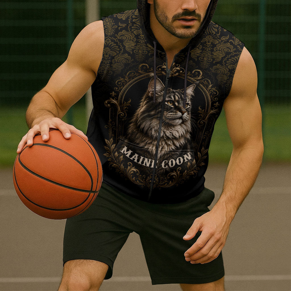Maine Coon Cat Gentle Giant Sleeveless Zip Hoodie Royal Feline Vintage Gold Damask Portrait